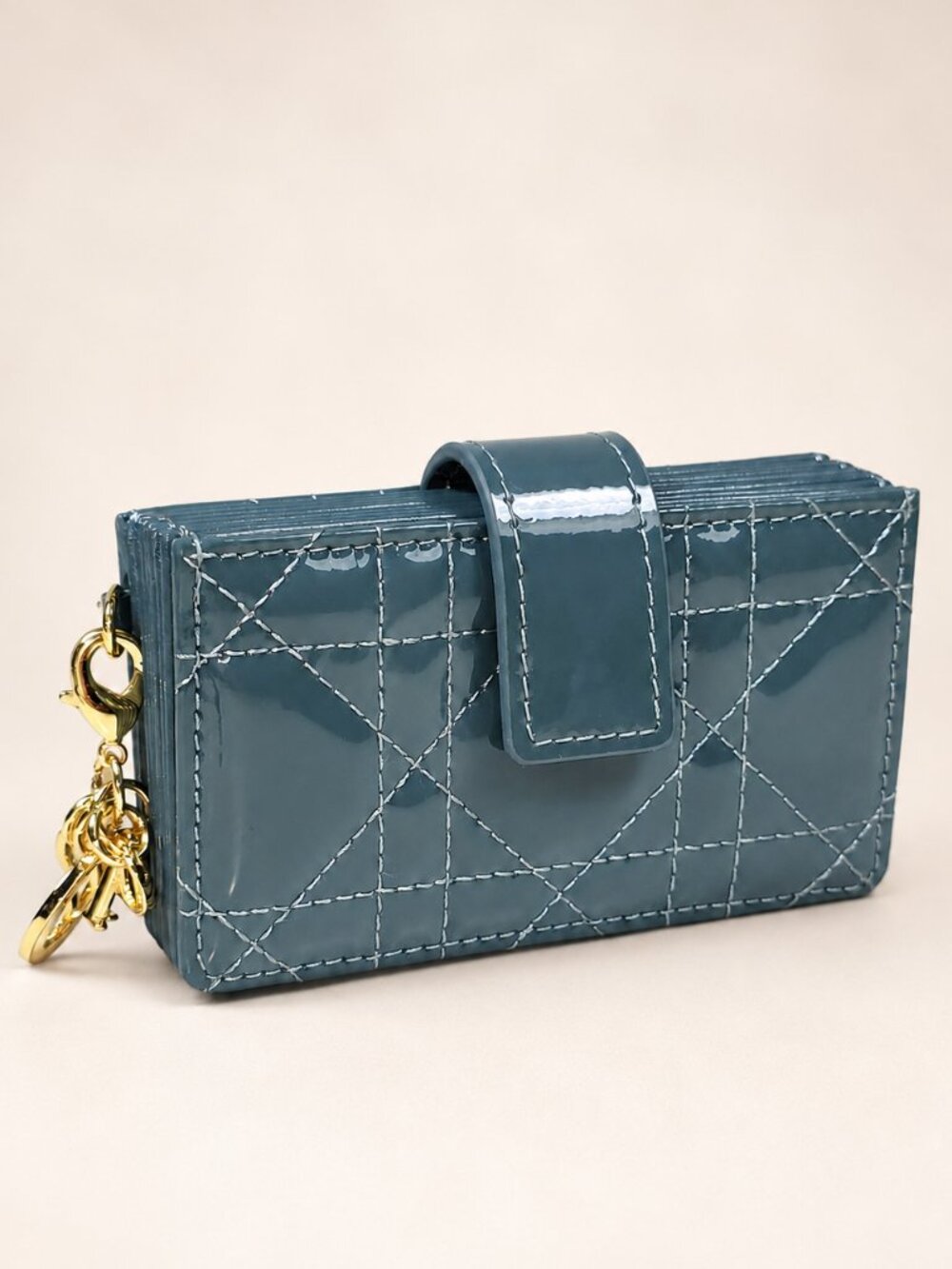Christian Dior Blue Gray Patent Cannage Accordion Wallet w/ Dior Charms